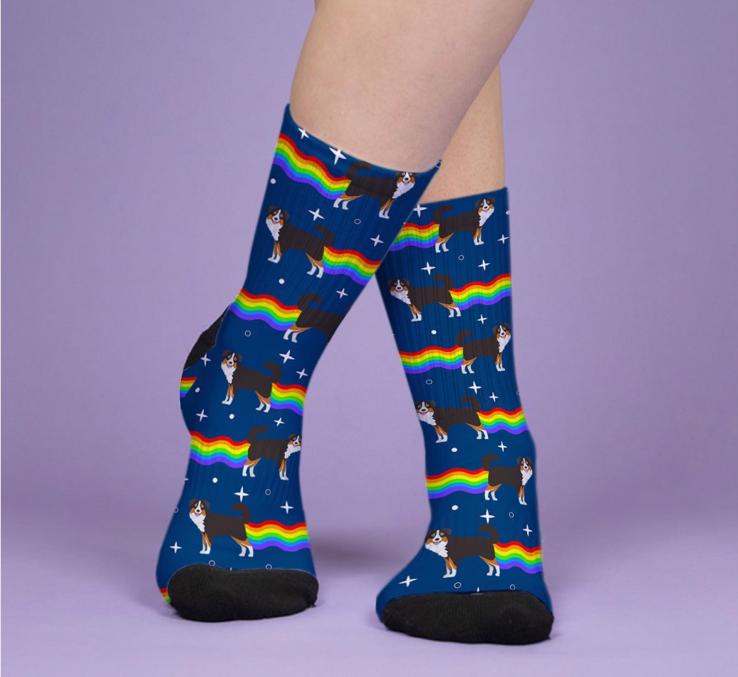 Rainbow Fart: Personalized {breedFullName} Socks - woman's feet on purple background