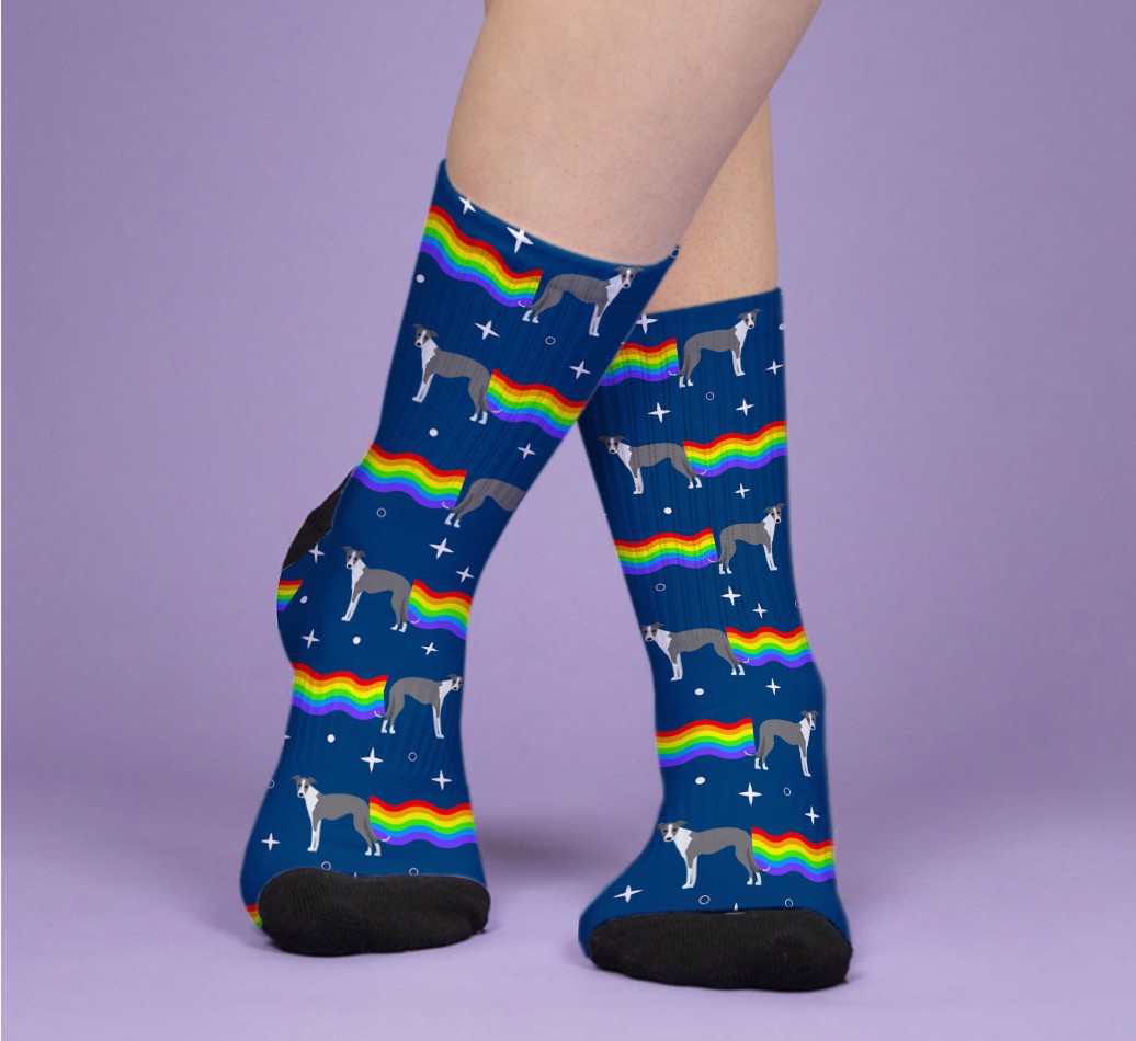 Rainbow Fart: Personalized {breedFullName} Socks - woman's feet on purple background