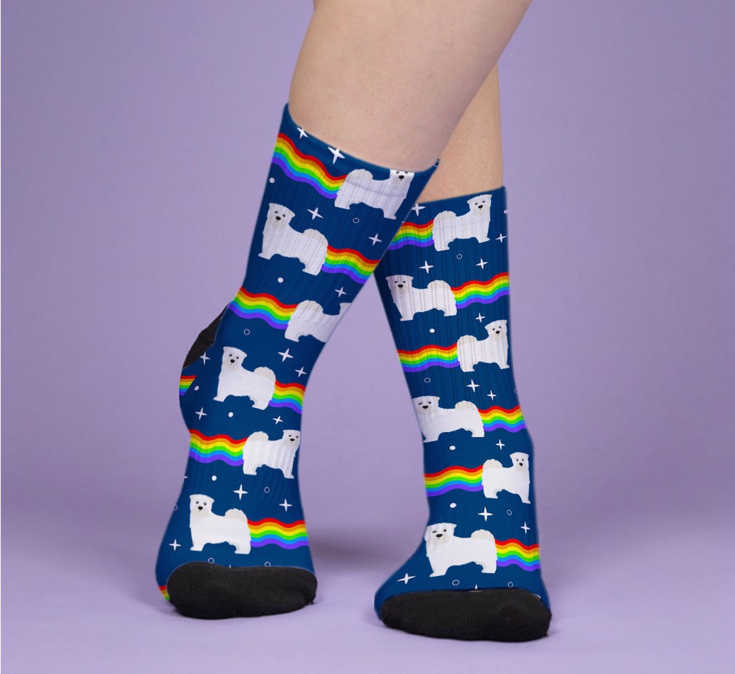 Rainbow Fart: Personalised {breedFullName} Socks - woman's feet on purple background