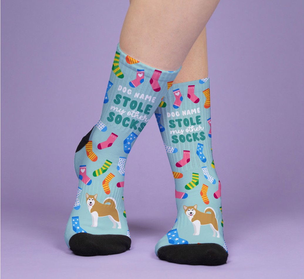 My Dog Stole My Other Socks: Personalized {breedFullName} Socks - woman's feet on purple background