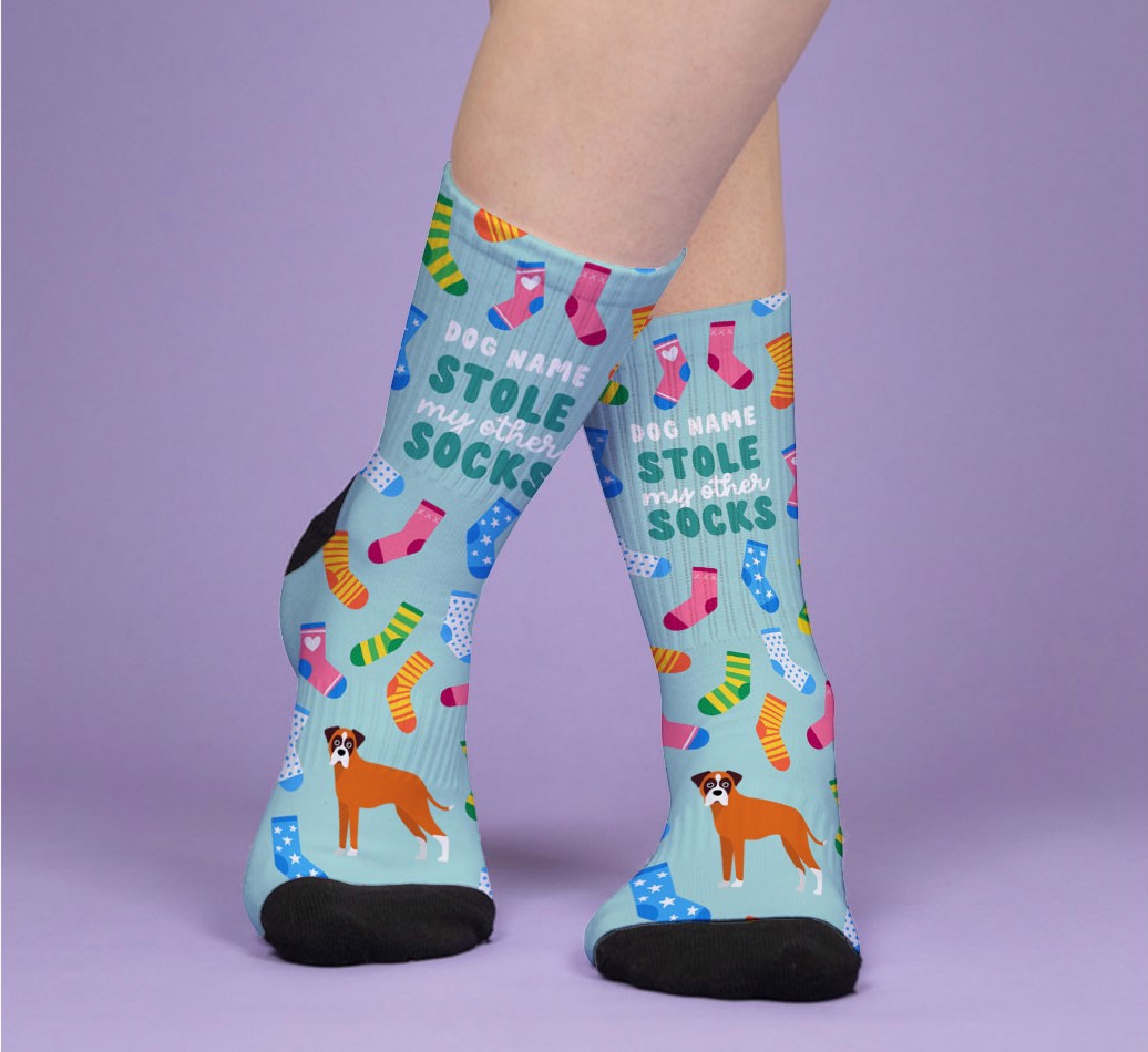 My Dog Stole My Other Socks: Personalized {breedFullName} Socks - woman's feet on purple background