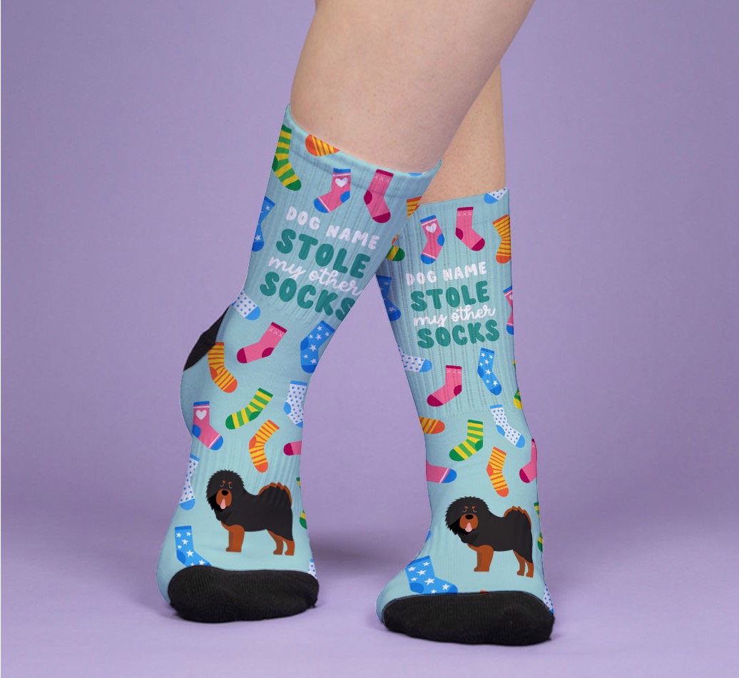 My Dog Stole My Other Socks: Personalised {breedFullName} Socks - woman's feet on purple background