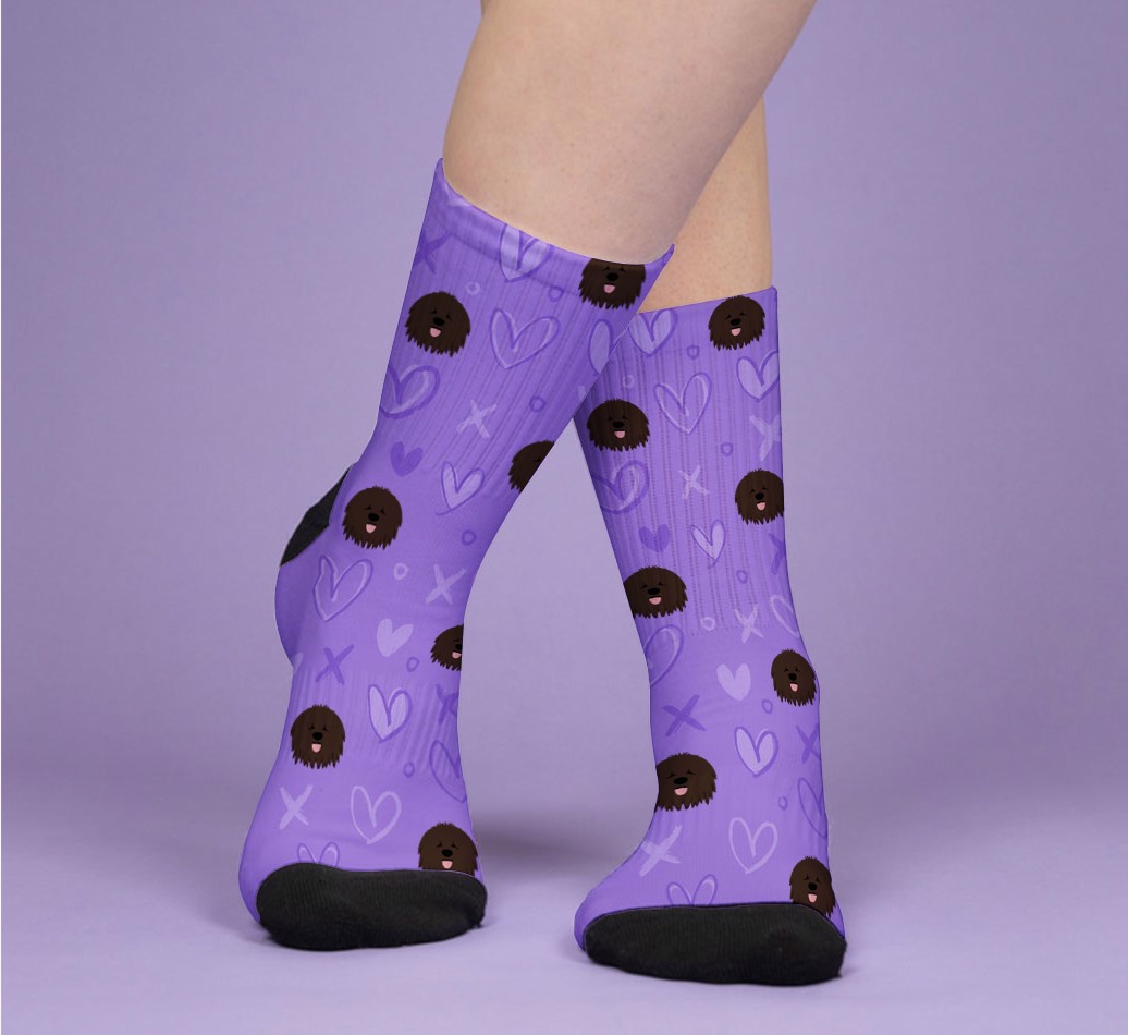 Hearts & Kisses: Personalised {breedFullName} Socks - woman's feet on purple background