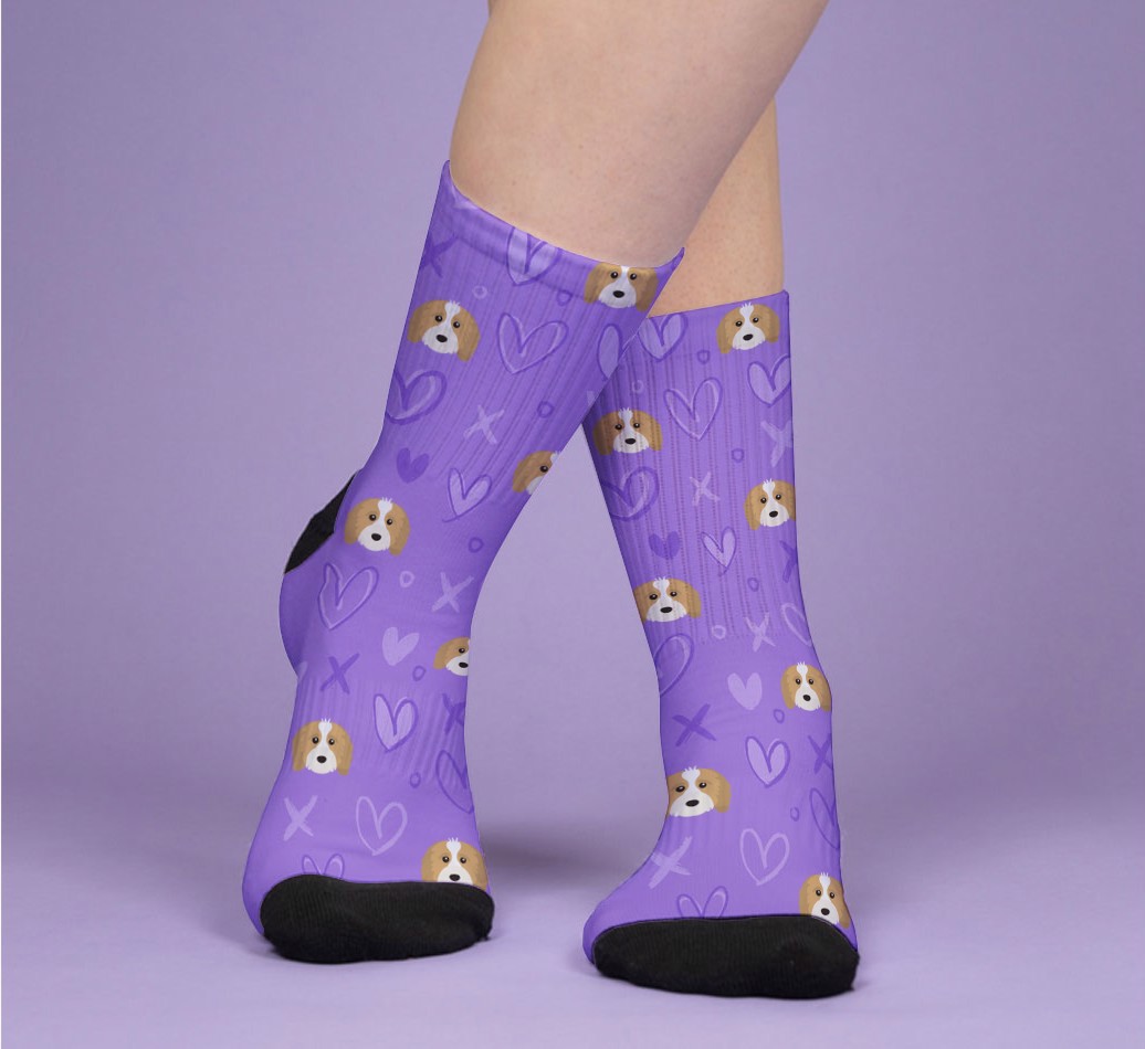 Hearts & Kisses: Personalized {breedFullName} Socks - woman's feet on purple background