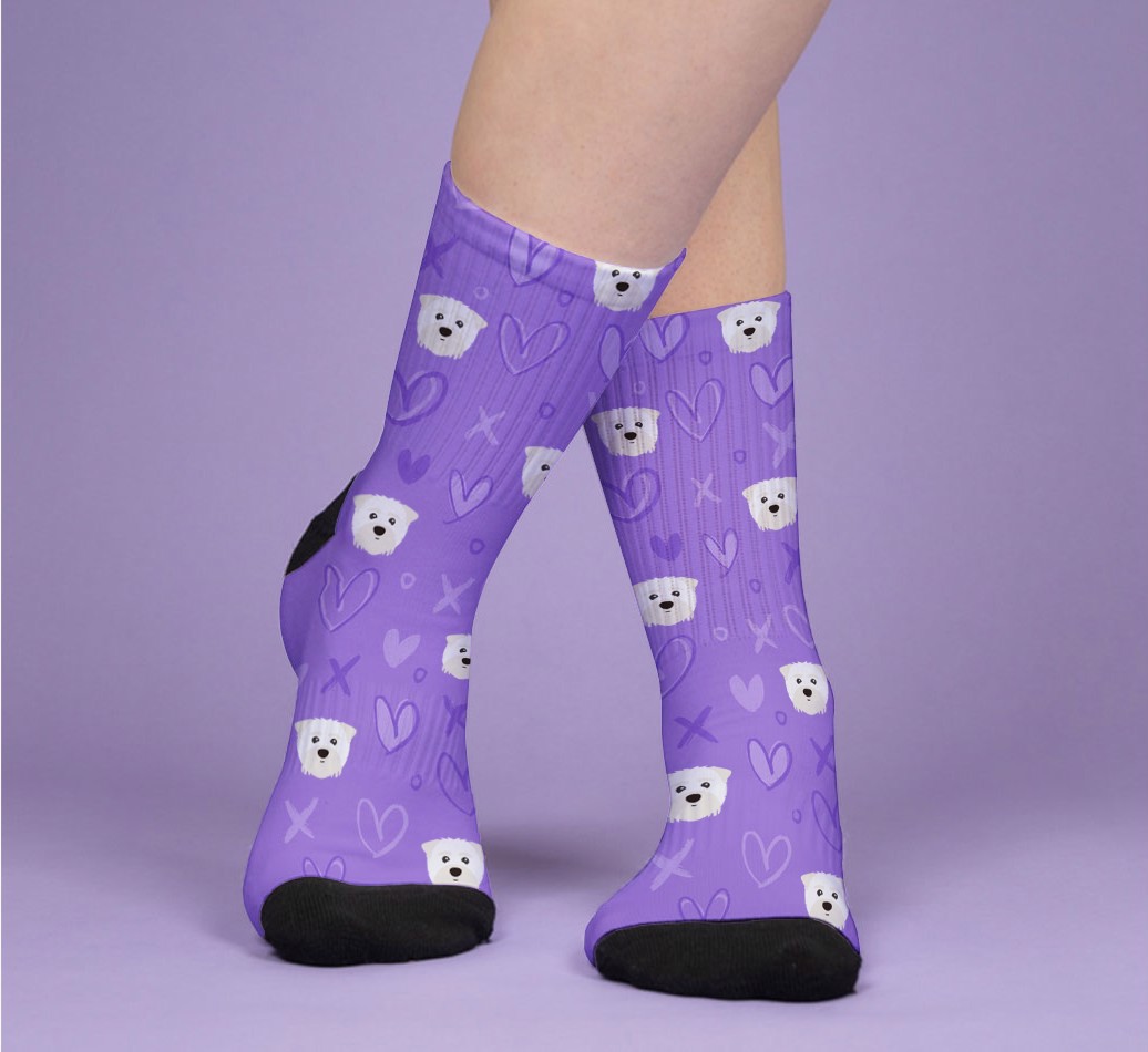 Hearts & Kisses: Personalized {breedFullName} Socks - woman's feet on purple background