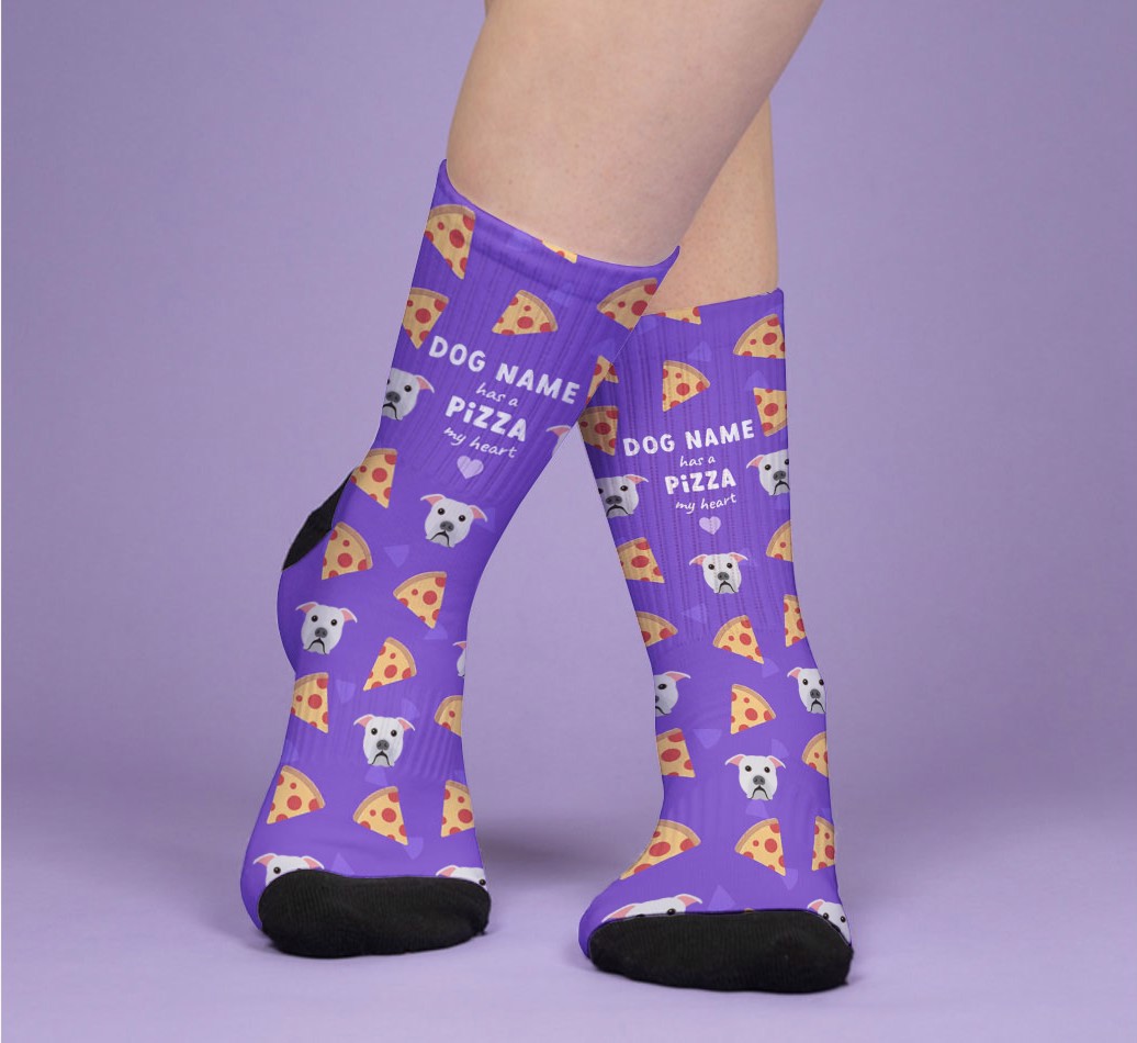A Pizza My Heart: Personalized {breedFullName} Socks - woman's feet on purple background