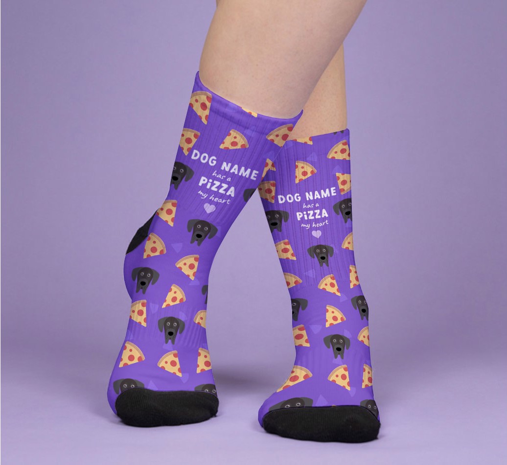 A Pizza My Heart: Personalized {breedFullName} Socks - woman's feet on purple background