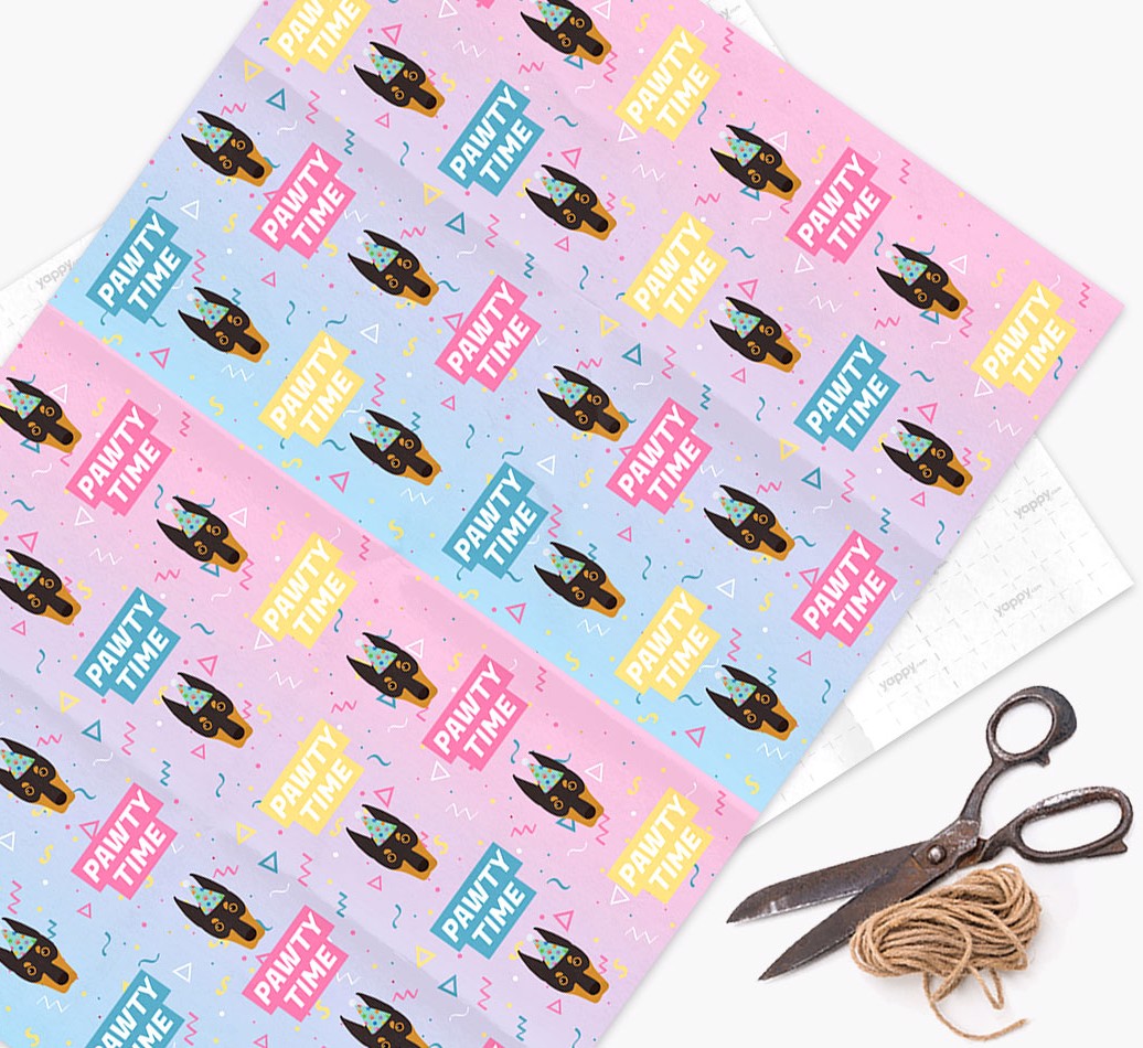Pawty Time: Personalised {breedFullName} Wrapping Paper - wrapping paper, scissors and string