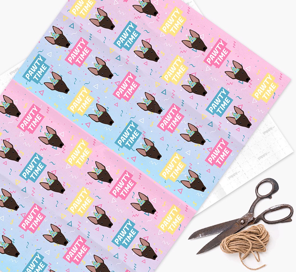 Pawty Time: Personalized {breedFullName} Wrapping Paper - wrapping paper, scissors and string