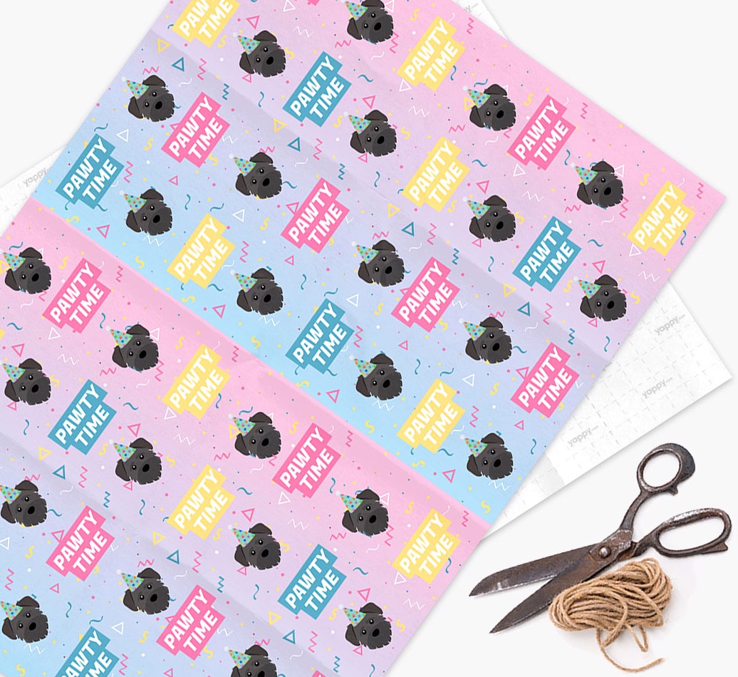 Pawty Time: Personalized {breedFullName} Wrapping Paper - wrapping paper, scissors and string