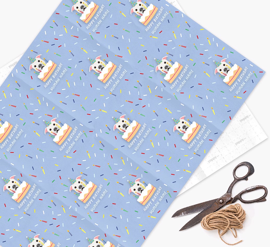 Happy Birthday Human: Personalized {breedFullName} Wrapping Paper - wrapping paper, scissors and string
