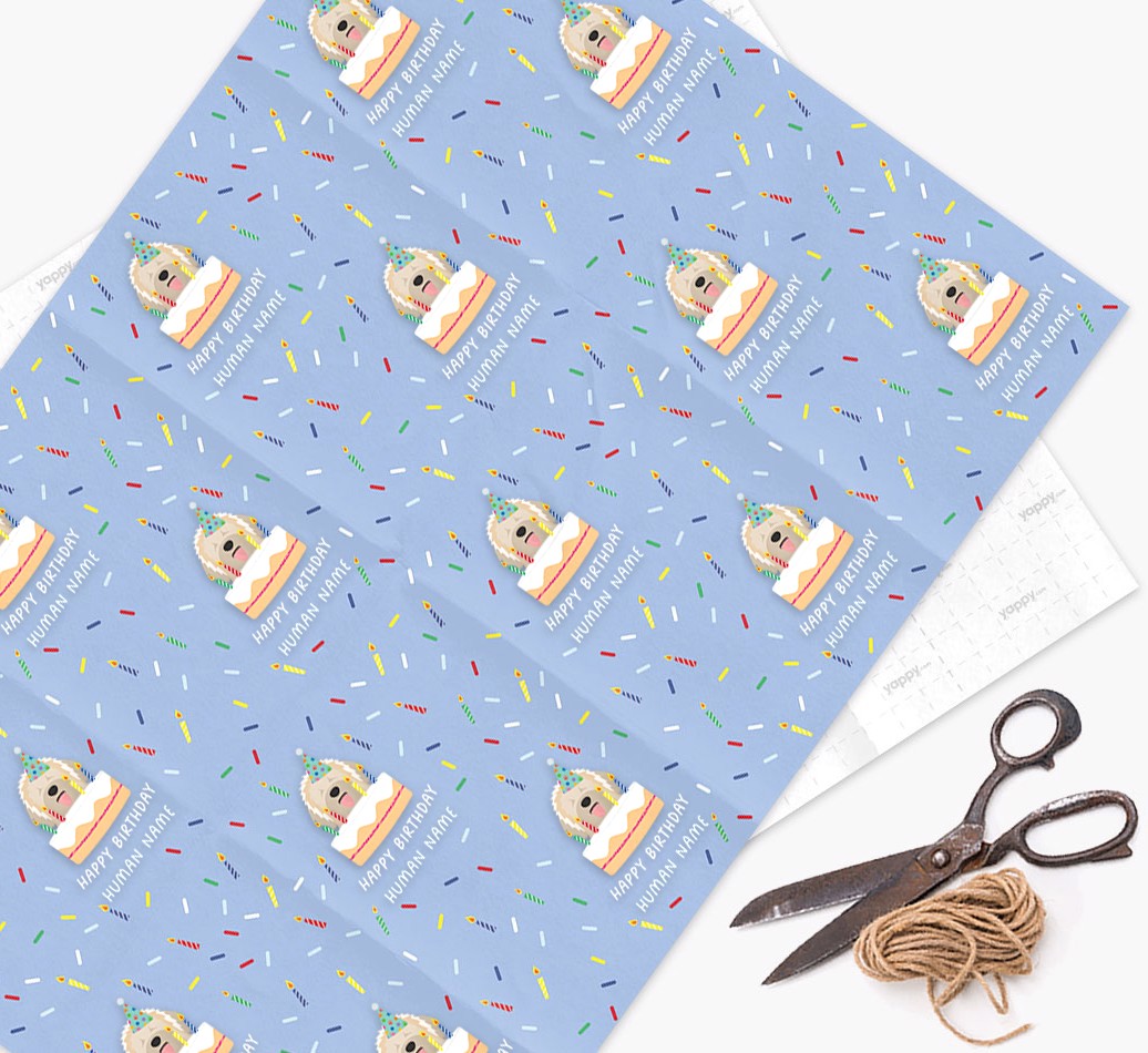 Happy Birthday Human: Personalised {breedFullName} Wrapping Paper - wrapping paper, scissors and string