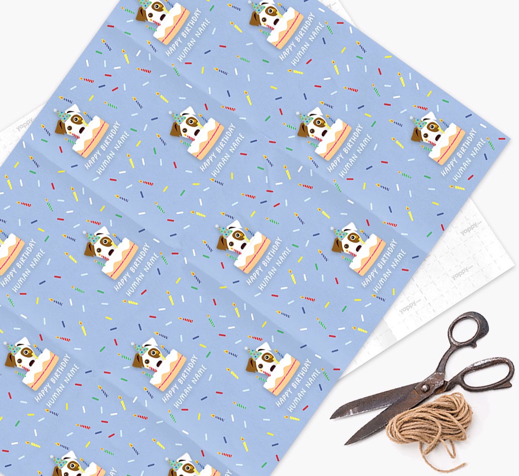 Happy Birthday Human: Personalized {breedFullName} Wrapping Paper - wrapping paper, scissors and string
