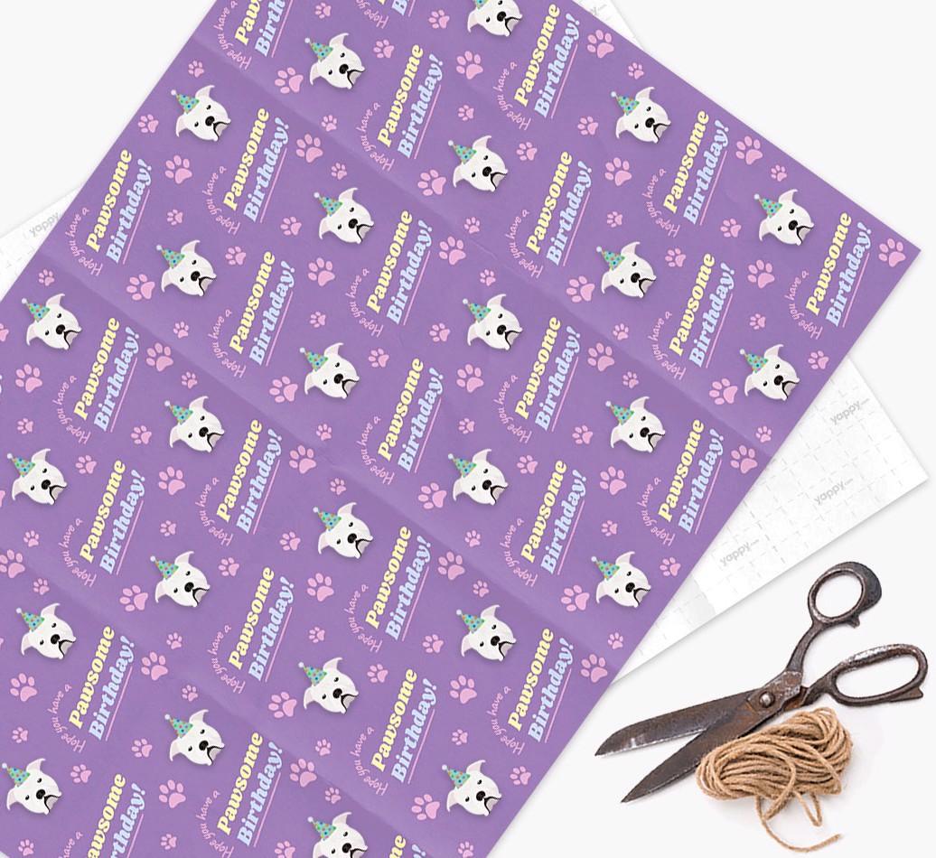 Pawsome Birthday: Personalised {breedFullName} Wrapping Paper - wrapping paper, scissors and string