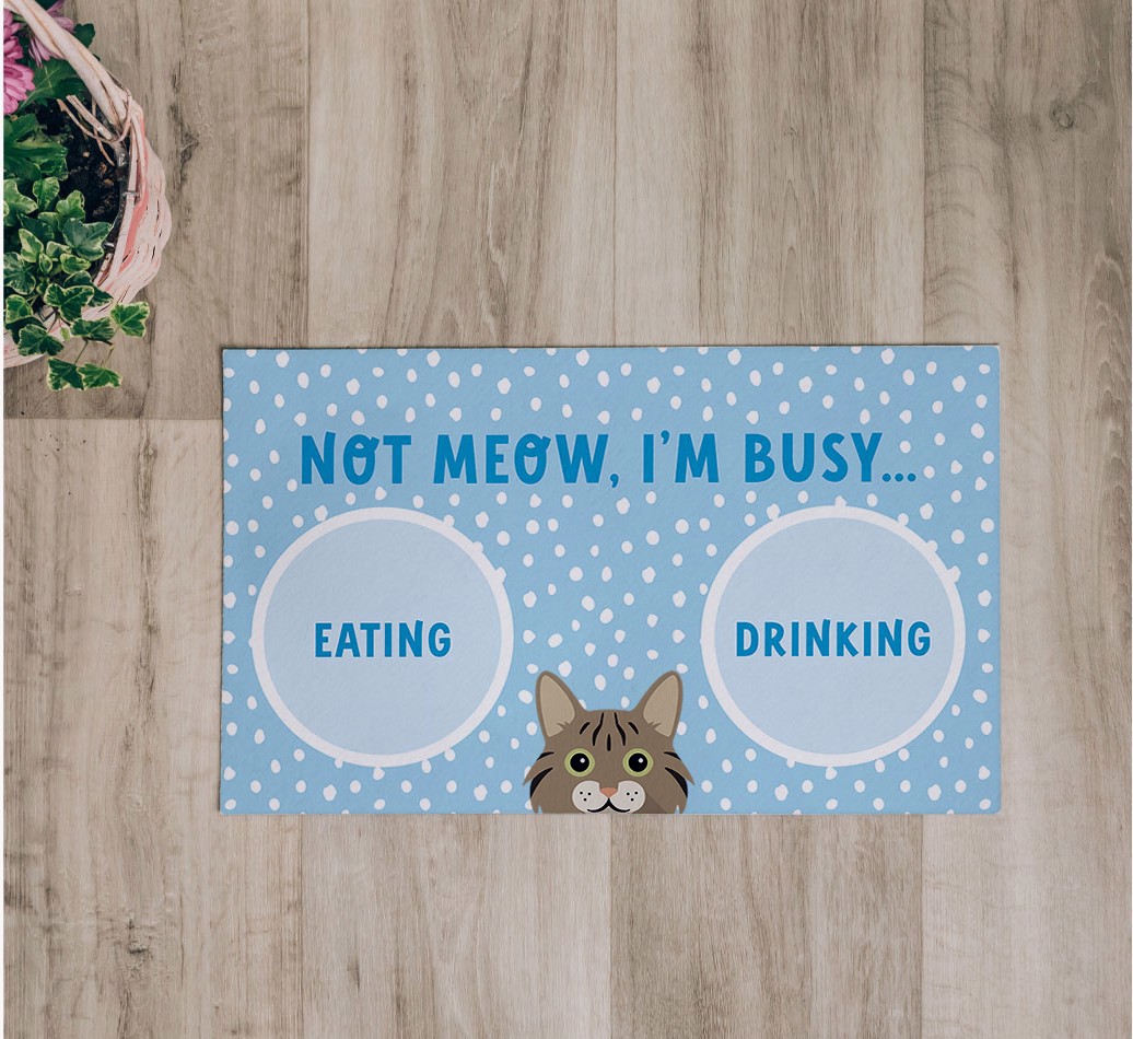 Not Meow, I'm Busy: Personalised {breedCommonName} Feeding Mat - flatlay on wooden floor