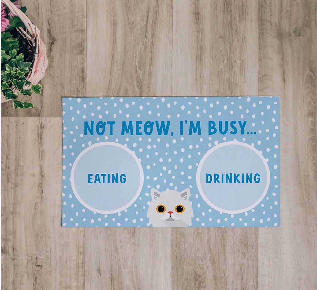 Not Meow, I'm Busy: Personalised {breedCommonName} Feeding Mat - flatlay on wooden floor