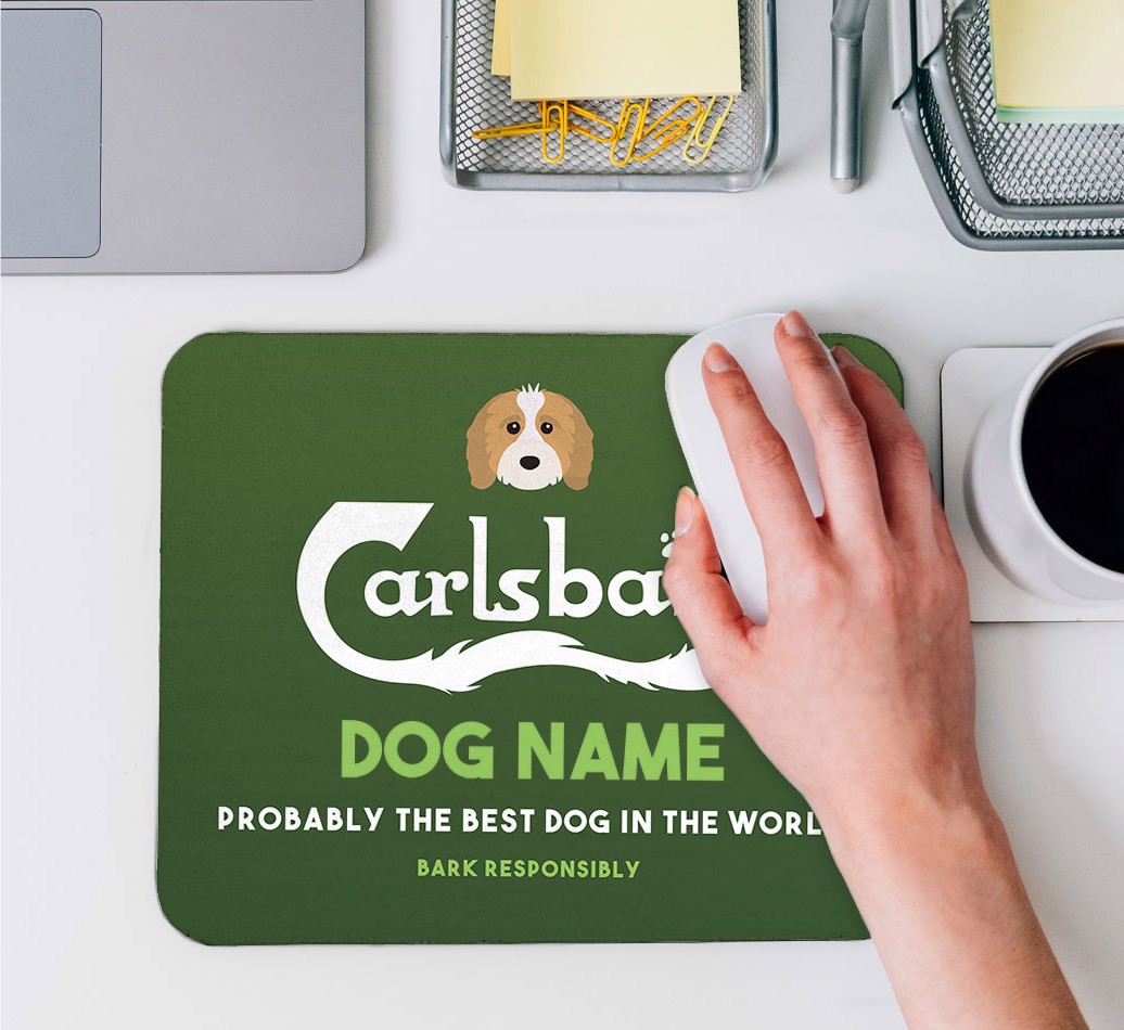 Carlsbark: Personalised {breedFullName} Mouse Mat - hand on mouse using mouse mat