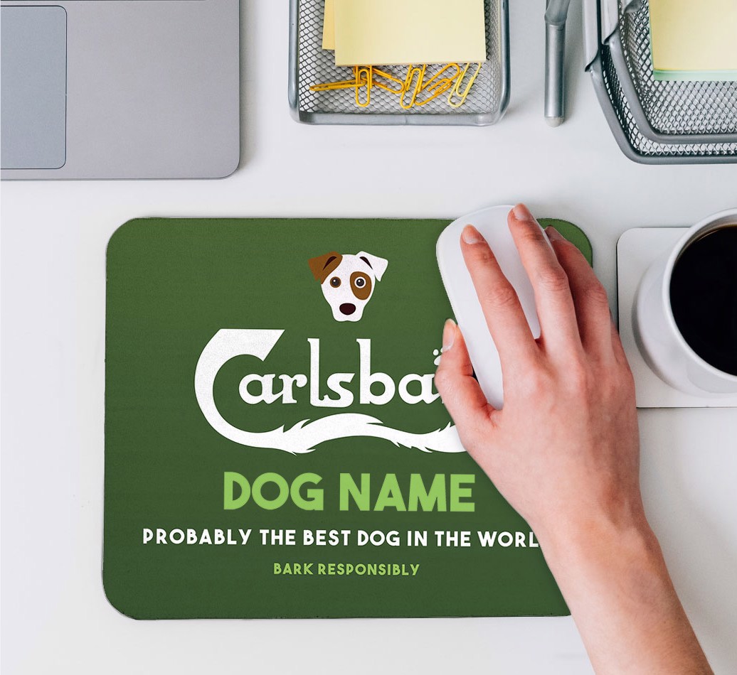 Carlsbark: Personalised {breedFullName} Mouse Mat - hand on mouse using mouse mat