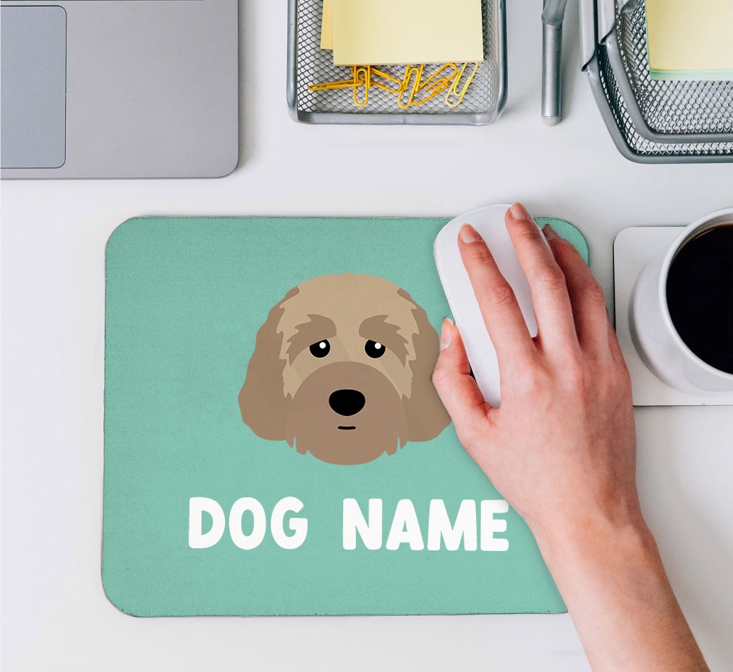 {breedFullName} Icon: Personalised Mouse Mat - hand on mouse using mouse mat