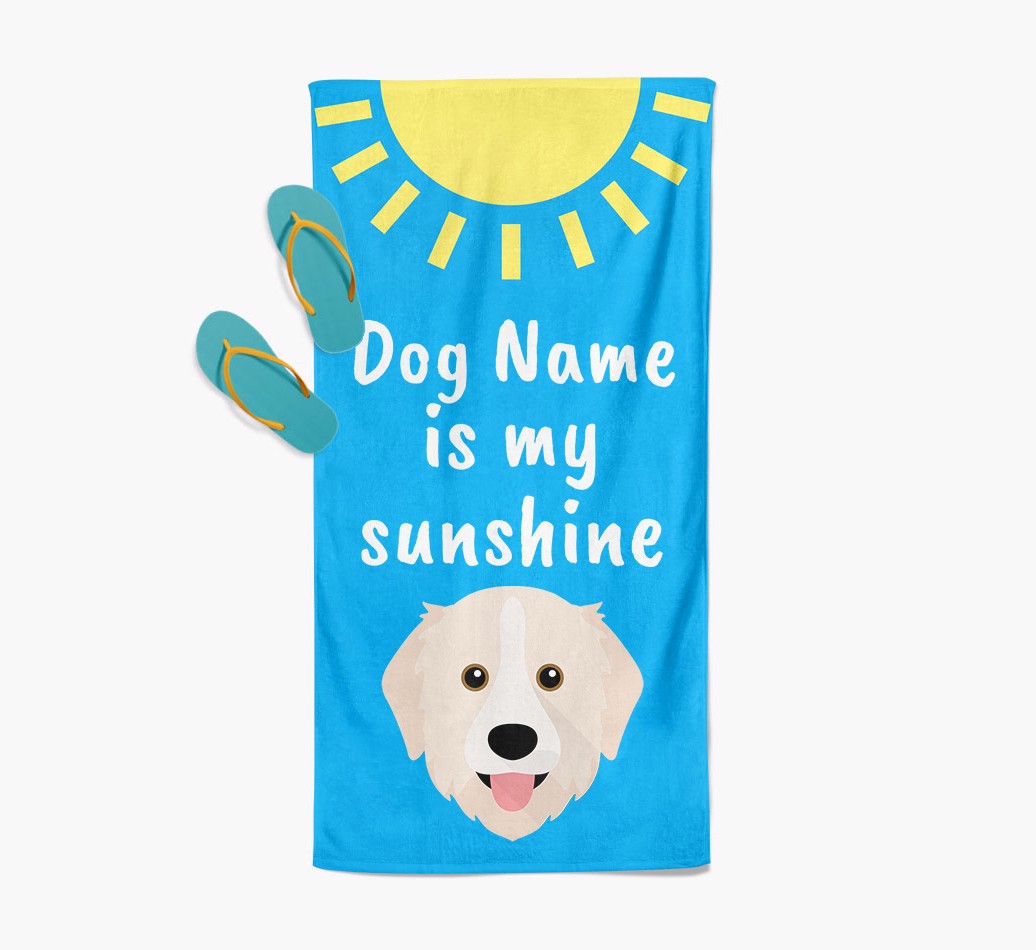 {breedFullName} Personalised Pool Towel '{dogsName} is my sunshine' with slippers