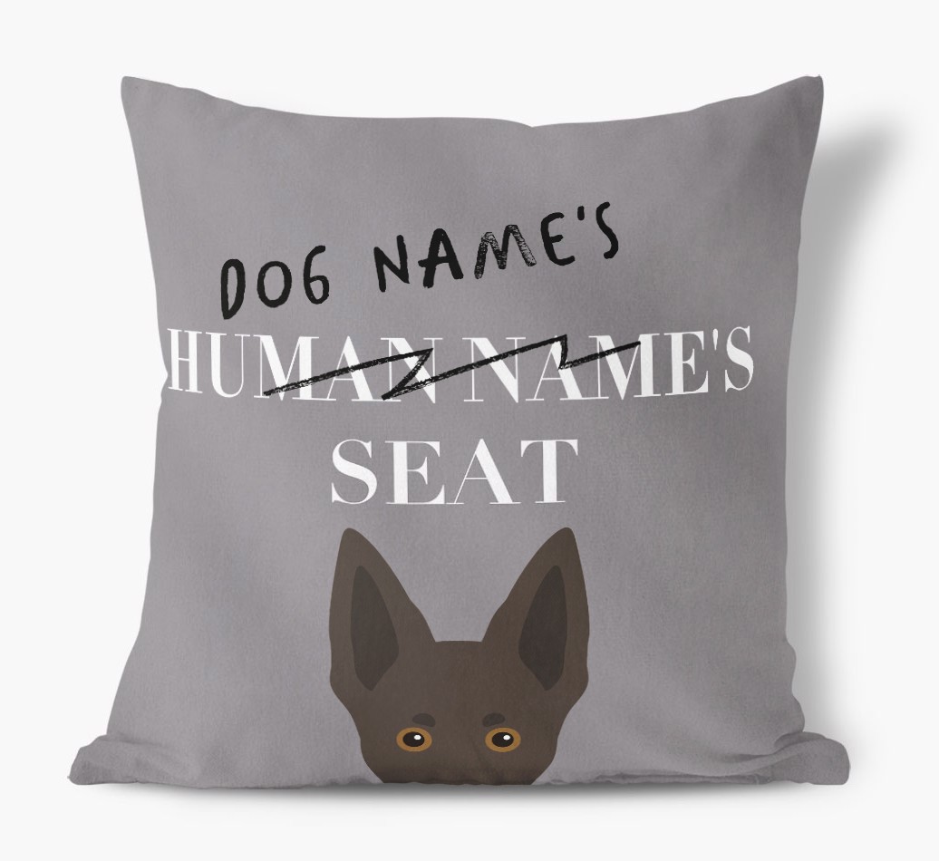 Human's Seat: Personalised {breedFullName} Canvas Cushion - front view