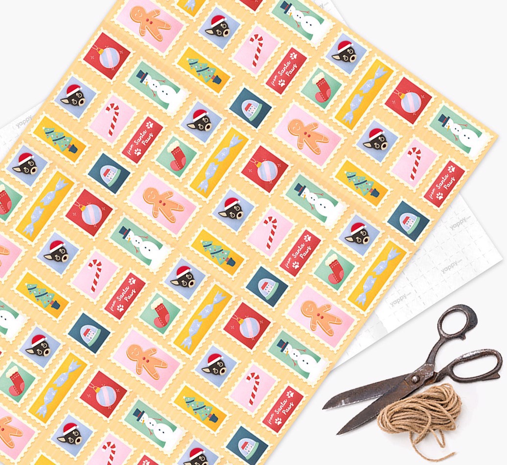 Christmas Stamps: Personalised {breedFullName} Wrapping Paper - wrapping paper, scissors and string