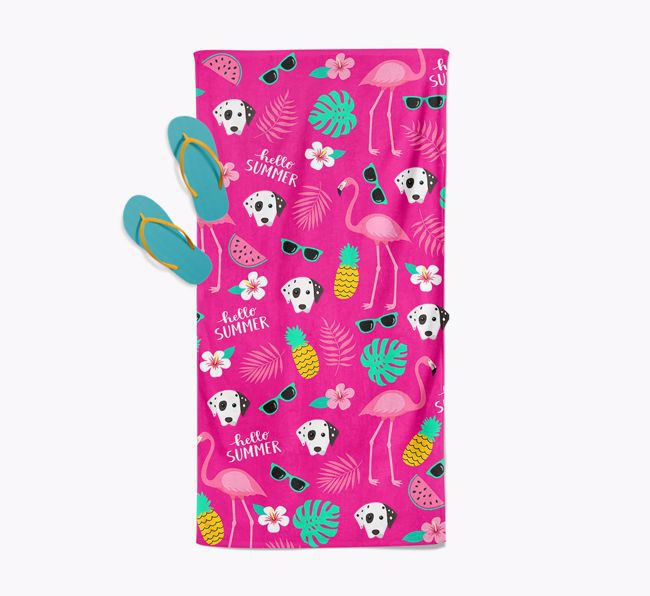 Summer Flamingo and {breedFullName} Icon Pattern Pool Towel