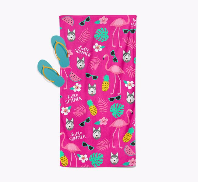 Summer Flamingo and {breedFullName} Icon Pattern Pool Towel