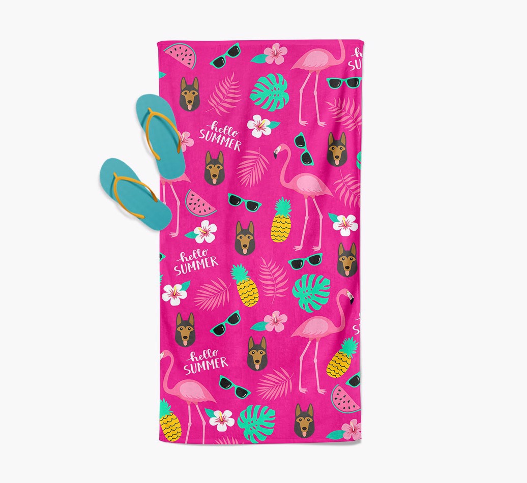 'Summer Flamingo and {breedFullName} Icon Pattern Beach Towel with slippers