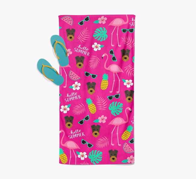 Summer Flamingo and {breedFullName} Icon Pattern Pool Towel