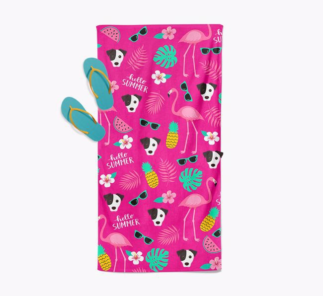 Summer Flamingo and {breedFullName} Icon Pattern Pool Towel