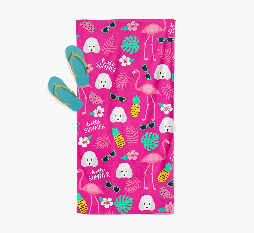 'Summer Flamingo and {breedFullName} Icon Pattern Beach Towel with slippers