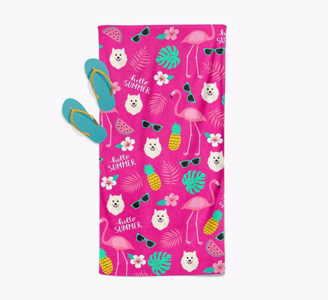 Summer Flamingo and {breedFullName} Icon Pattern Pool Towel