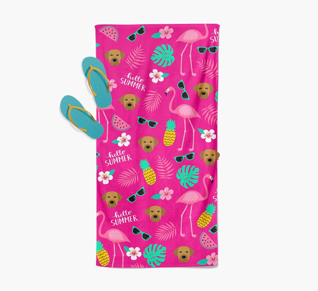'Summer Flamingo and {breedFullName} Icon Pattern Beach Towel with slippers
