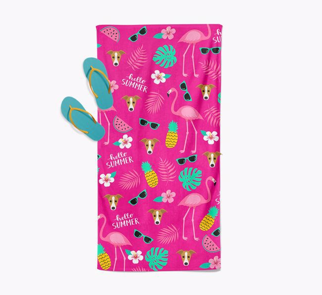 Summer Flamingo and {breedFullName} Icon Pattern Pool Towel