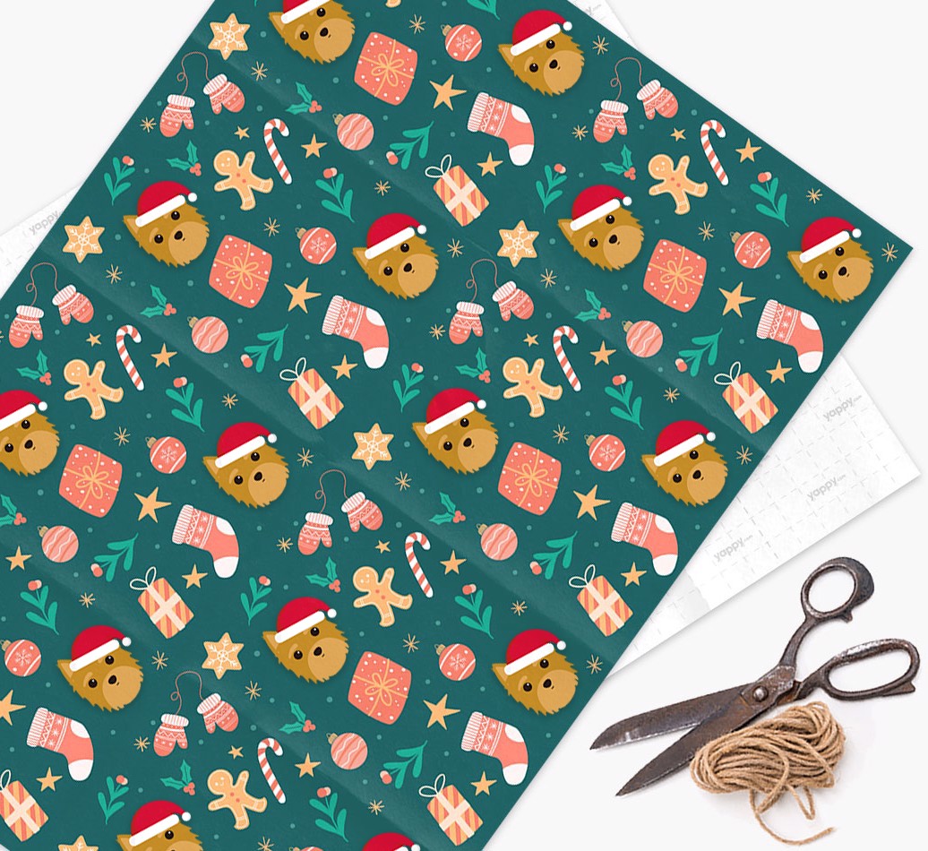 Christmas Pattern: Personalised {breedFullName} Wrapping Paper icon - wrapping paper, scissors and string