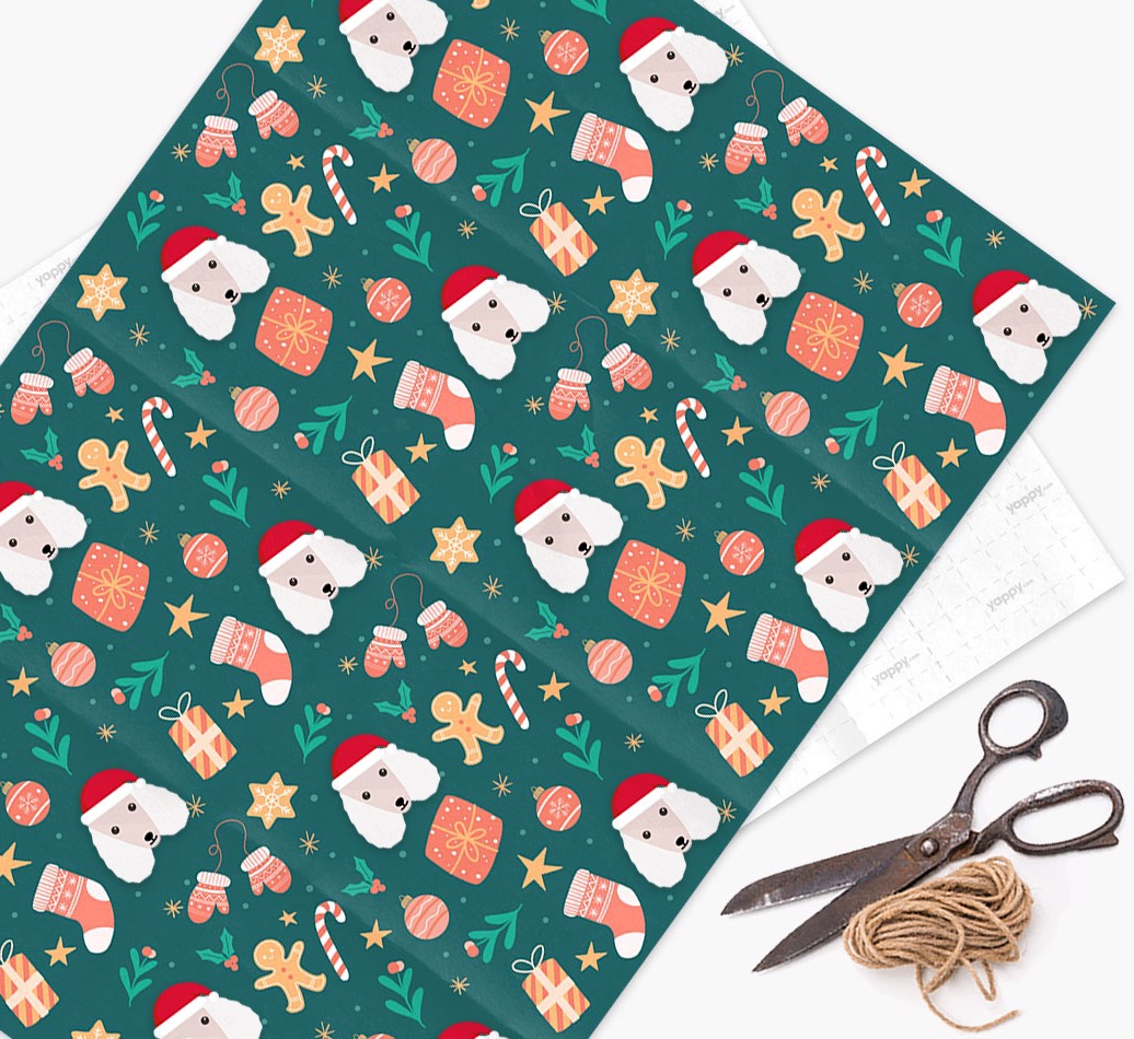 Christmas Pattern: Personalised {breedFullName} Wrapping Paper icon - wrapping paper, scissors and string