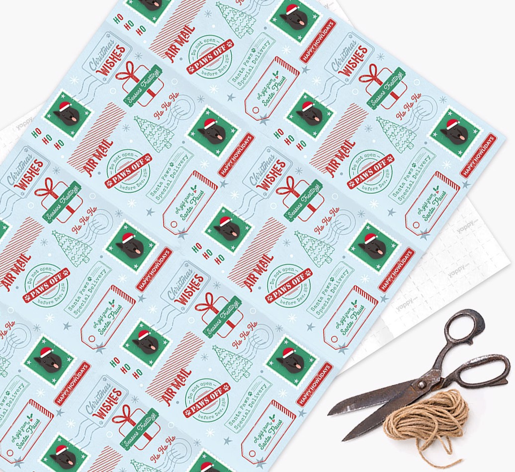 Christmas Rubber Stamps: Personalized {breedFullName} Wrapping Paper - wrapping paper, scissors and string