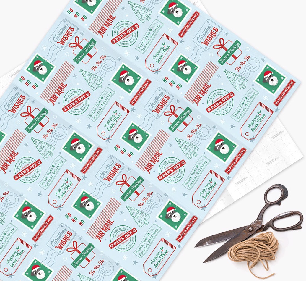 Christmas Rubber Stamps: Personalized {breedFullName} Wrapping Paper - wrapping paper, scissors and string