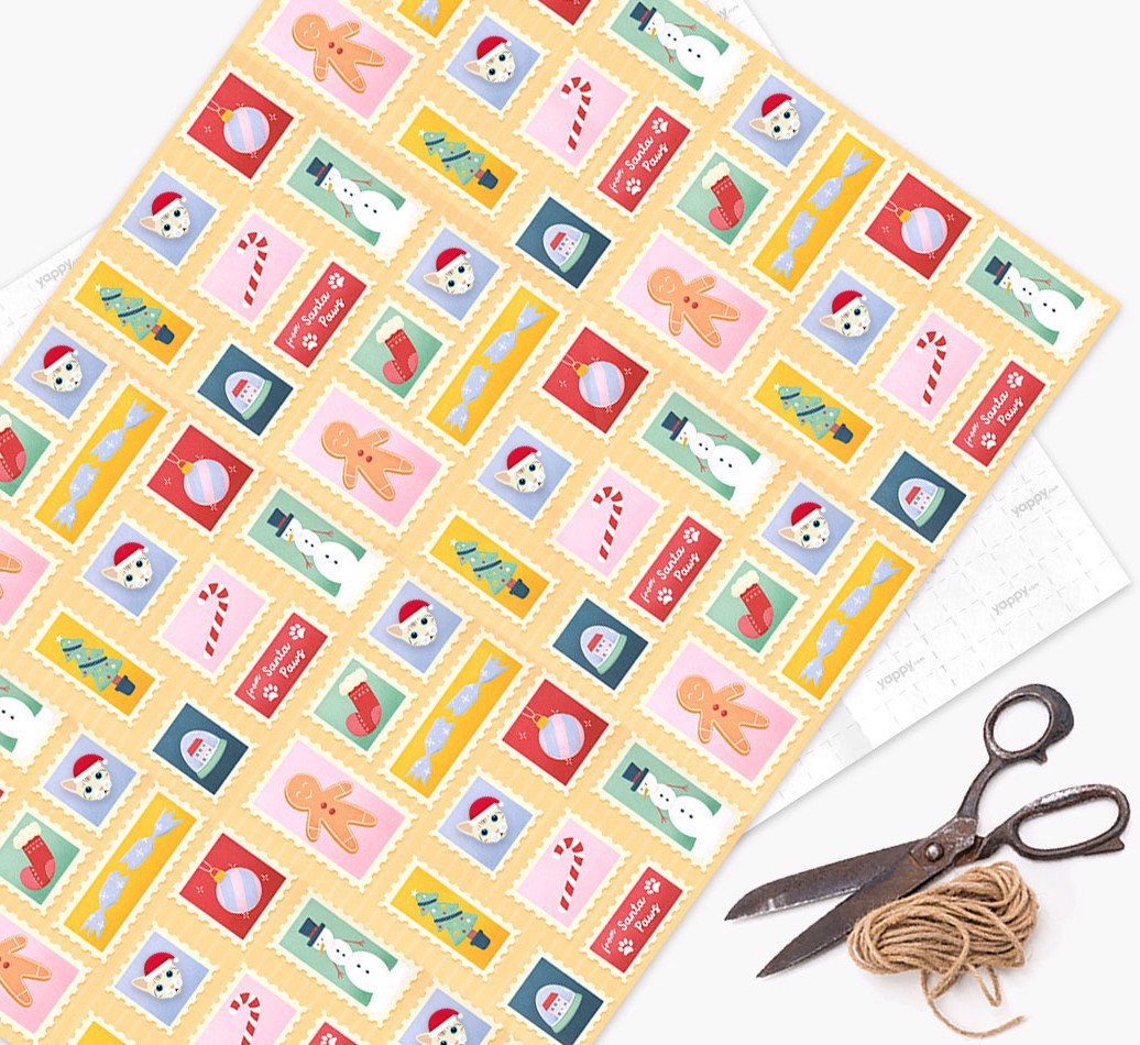 Christmas Stamps: Personalized {breedFullName} Wrapping Paper - wrapping paper, scissors and string