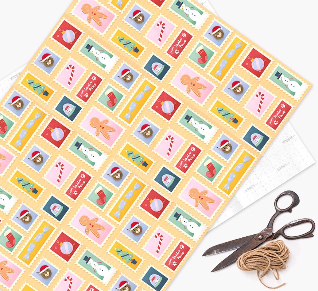 Christmas Stamps: Personalized {breedFullName} Wrapping Paper - wrapping paper, scissors and string