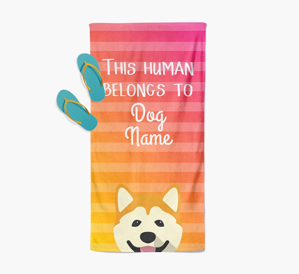 'This Human Belongs to...' - Personalised {breedFullName} Towel -  with flip flops