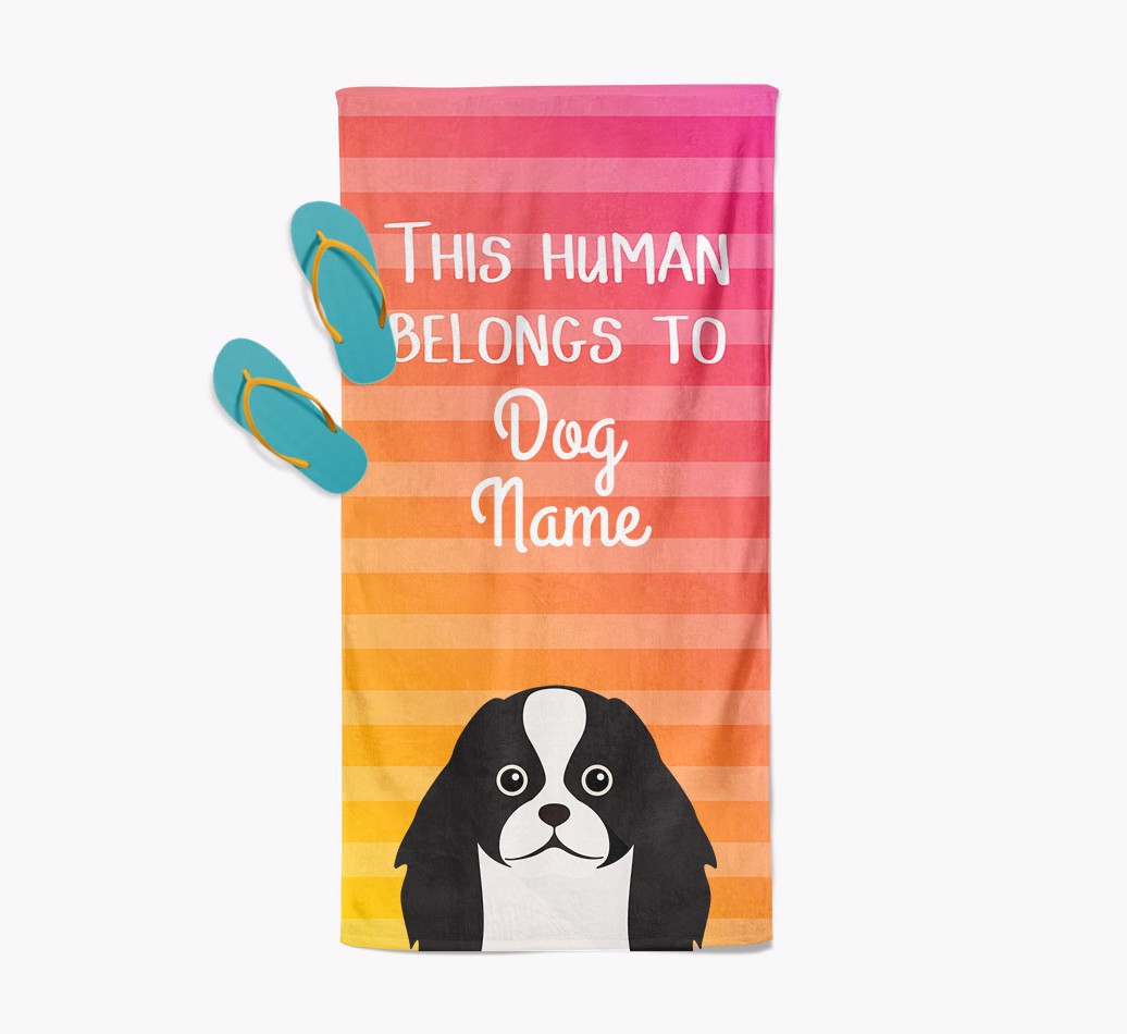 'This Human Belongs to...' - Personalised {breedFullName} Towel -  with flip flops