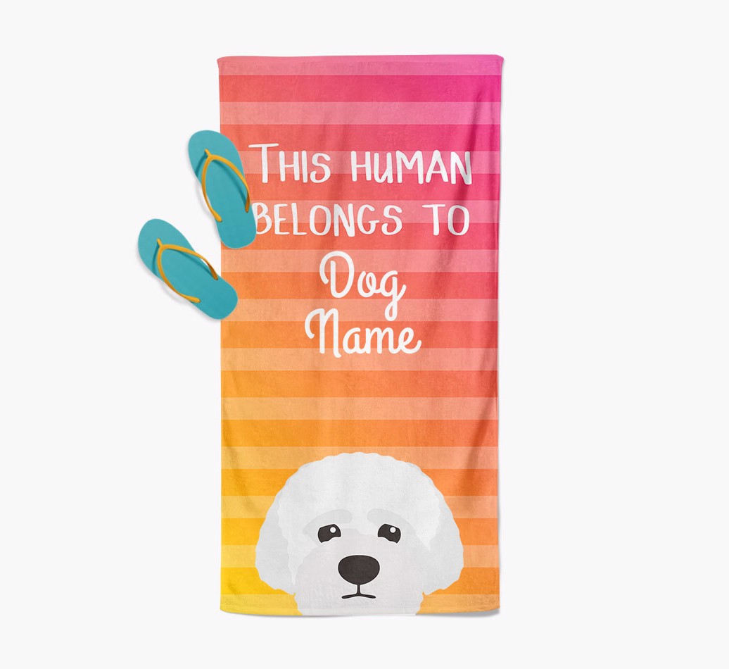 'This Human Belongs to...' - Personalized {breedFullName} Towel - with flip flops