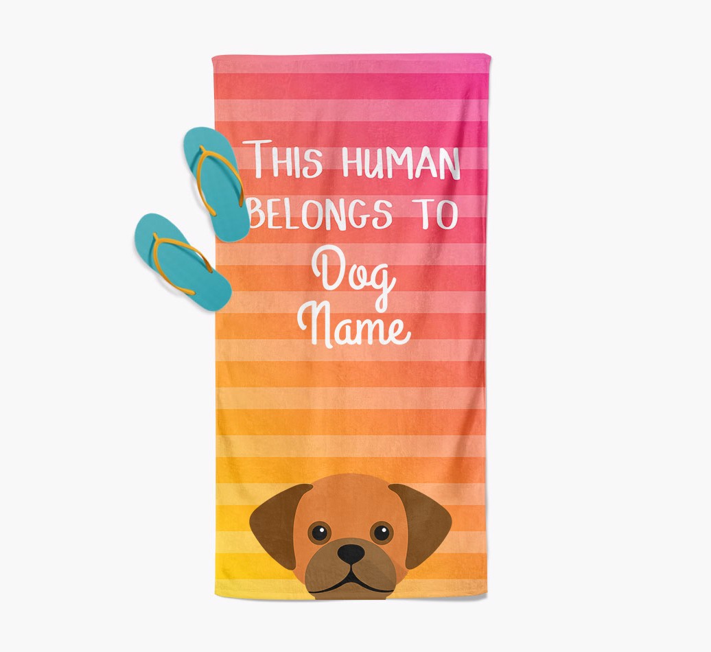 'This Human Belongs to...' - Personalized {breedFullName} Towel - with flip flops