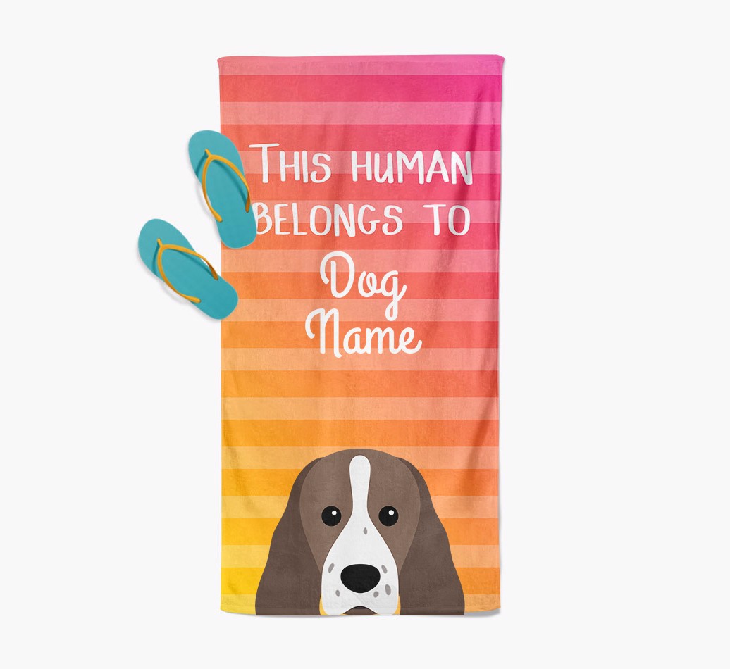 'This Human Belongs to...' - Personalised {breedFullName} Towel -  with flip flops