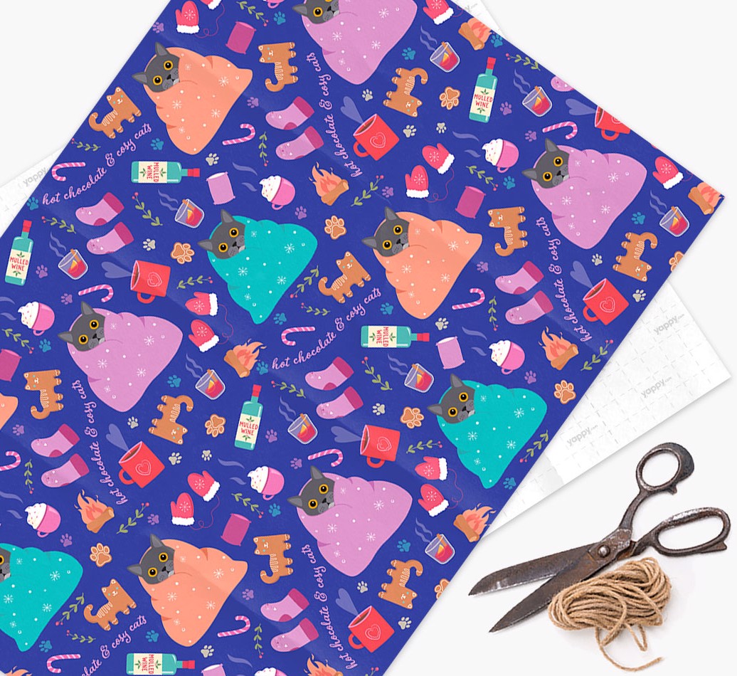 Hot Chocolate & Cosy Cats: Personalised {breedCommonName} Wrapping Paper - lay flat