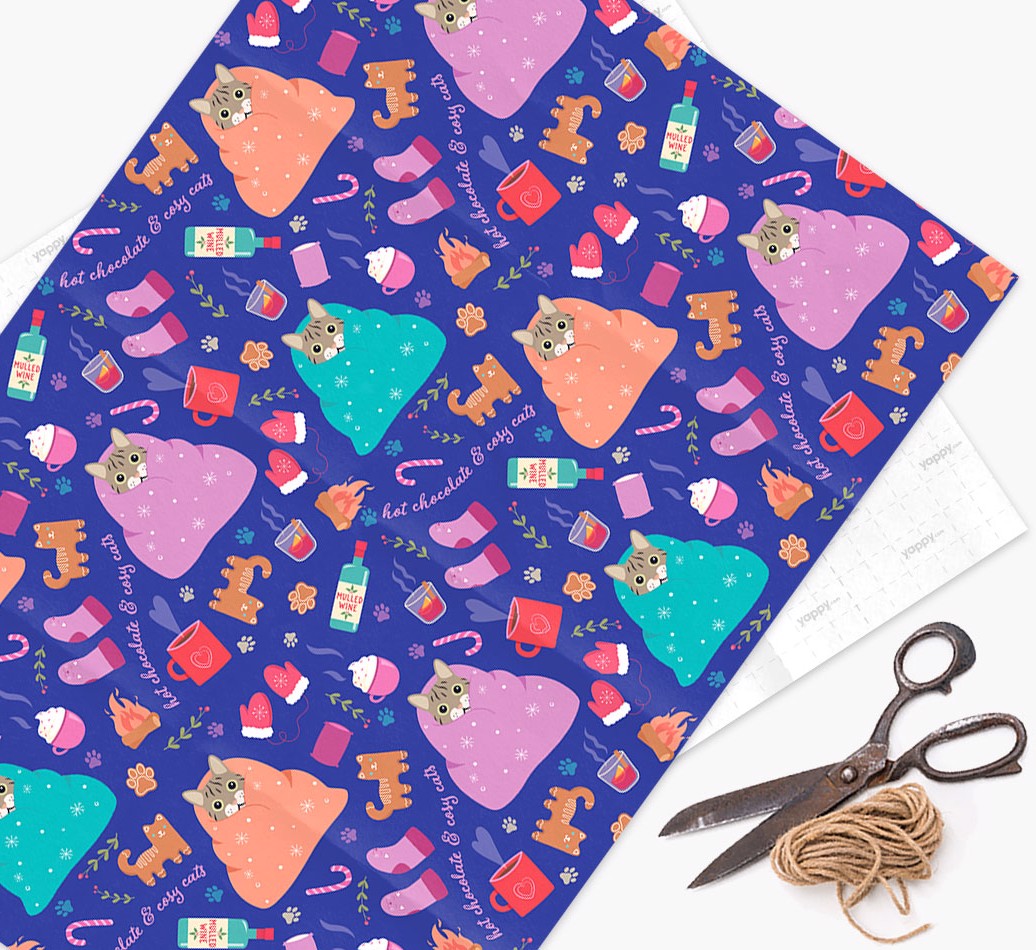 Hot Chocolate & Cosy Cats: Personalised {breedCommonName} Wrapping Paper - lay flat