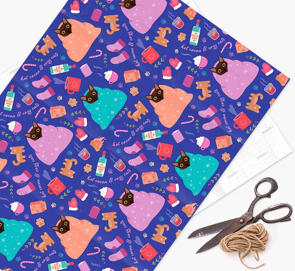 Hot Cocoa & Cozy Cats: Personalized {breedCommonName} Wrapping Paper - lay flat