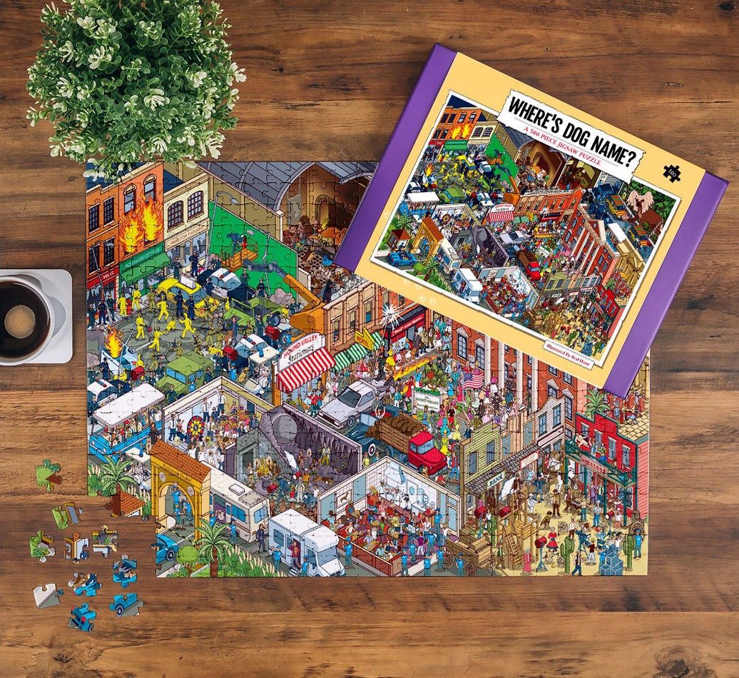 jigsaw puzzle and packaging - where's your dog in foxhound studios